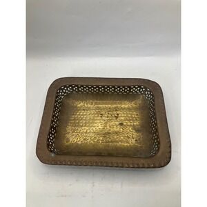 Vintage Hammered Brass Tray Rectangle Pierced‎ Edge Decorative Serving Dish